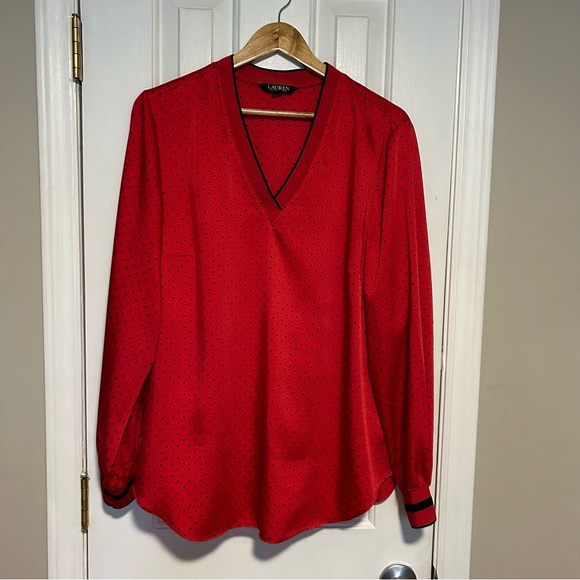 Lauren Ralph Lauren Red Satin V-Neck Cuffed Polka Dot Pullover Blouse | Size XL - Picture 1 of 11